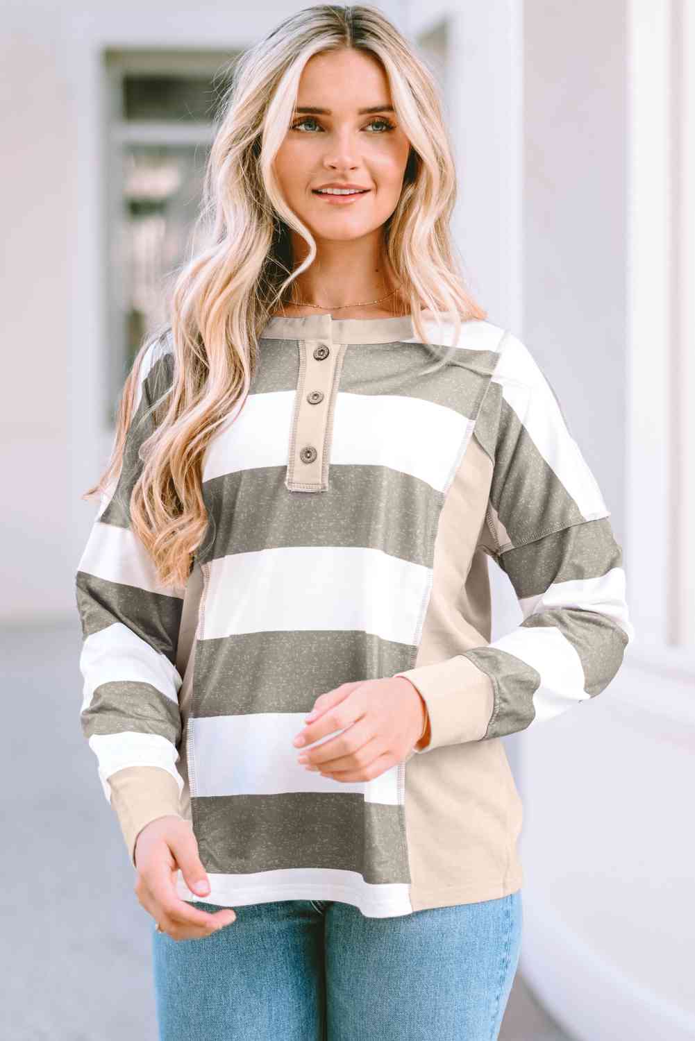 Striped Exposed Seam Buttoned T-Shirt