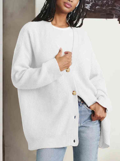 Full Size V-Neck Rib-Knit Cardigan