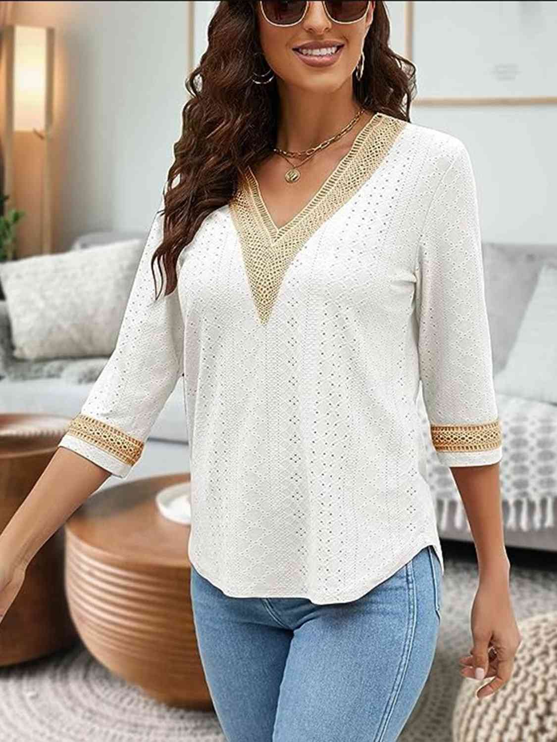 V-Neck Eyelet Blouse