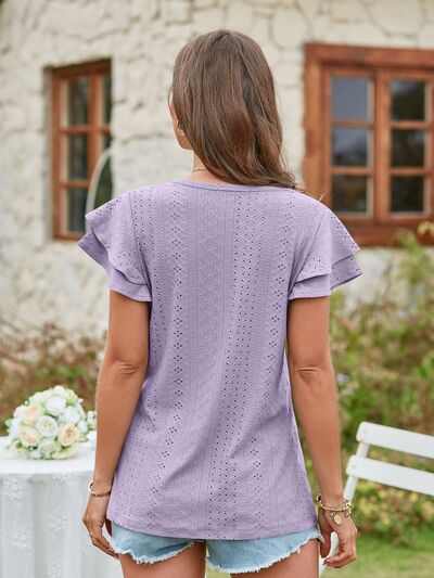 Eyelet V-Neck Short Sleeve Blouse