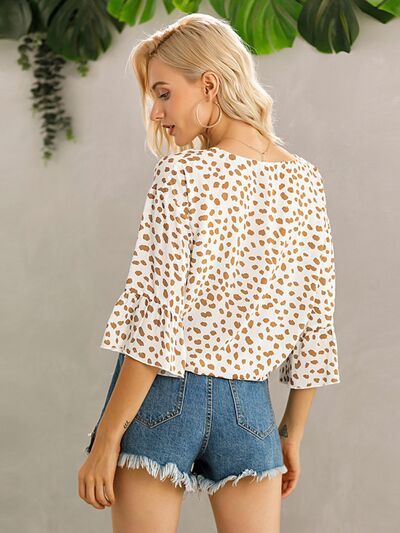 Tied Printed Button Up V-Neck Blouse