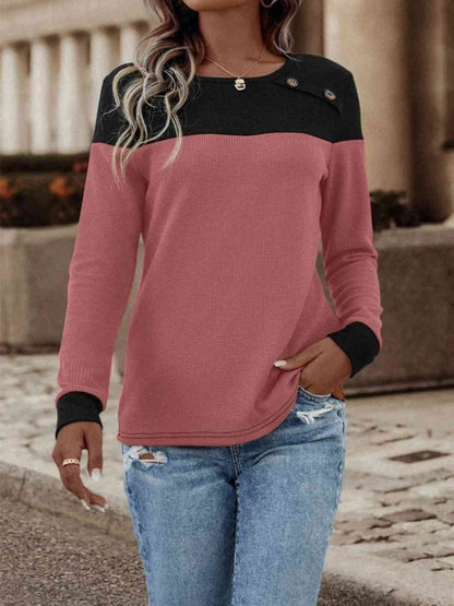 Contrast Buttoned Round Neck Long Sleeve T-Shirt