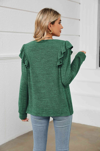 Square Neck Ruffle Shoulder Long Sleeve T-Shirt