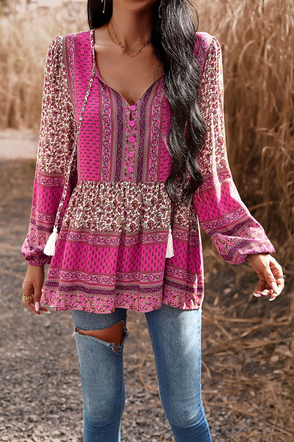 Tassel Tie Long Sleeve Peplum Blouse