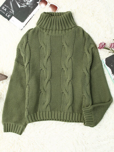 Cable-Knit Turtleneck Dropped Shoulder Sweater