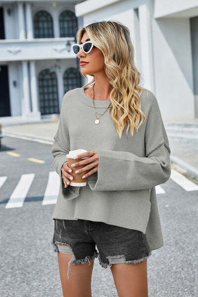 High-Low Slit Round Neck Long Sleeve Sweater