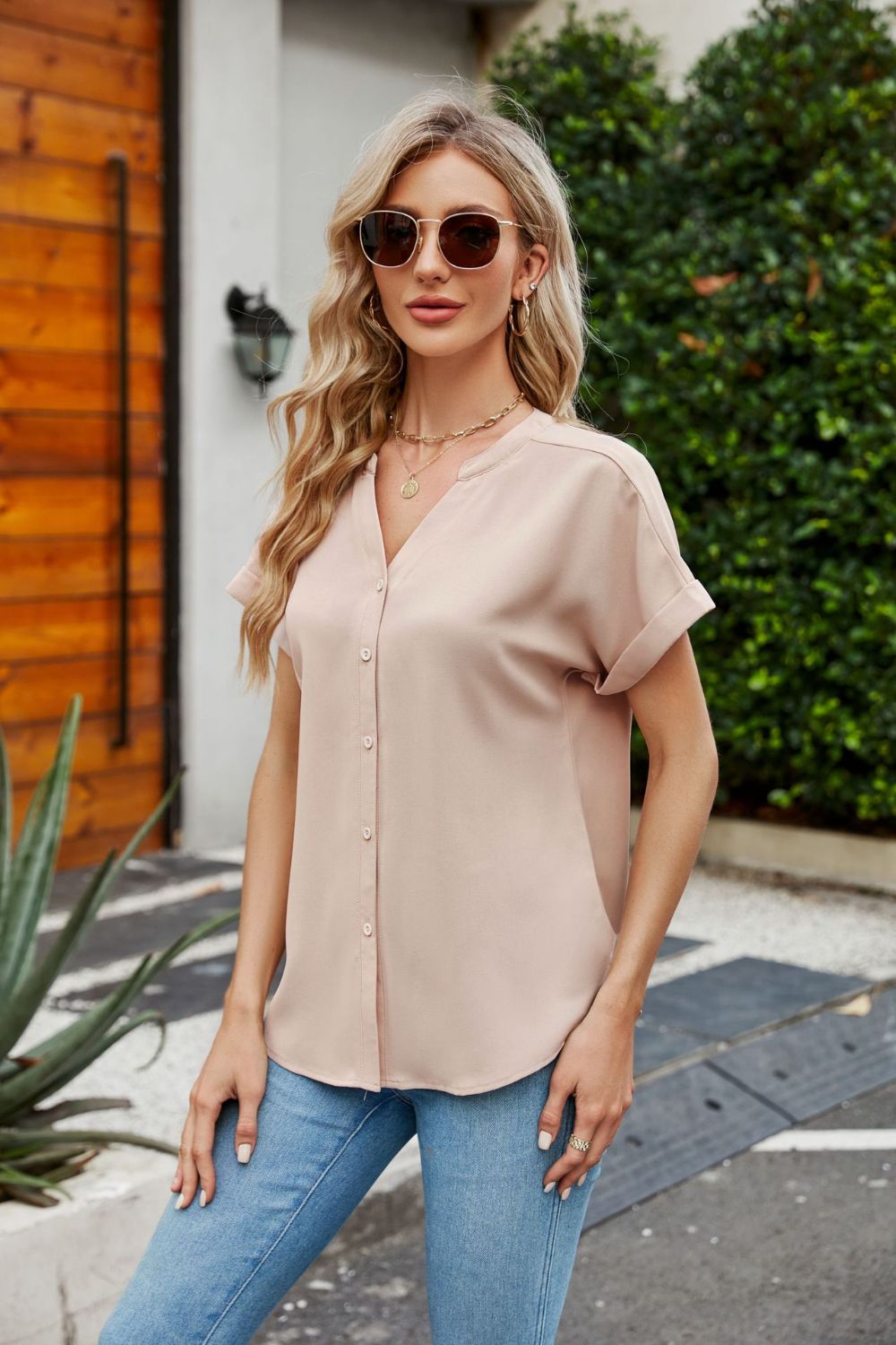 Notched Neck Cuffed Sleeve Shirt