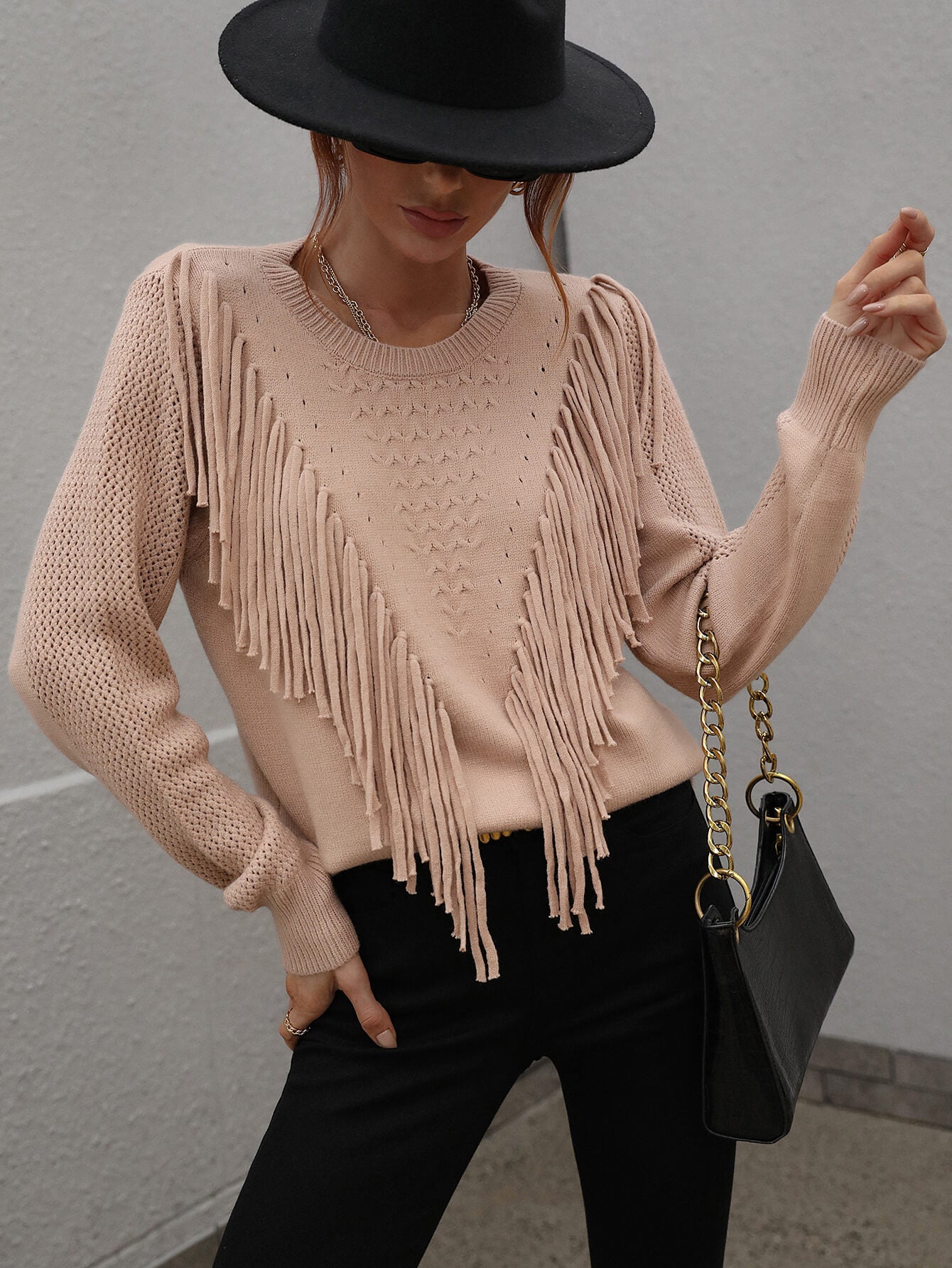 Fringe Detail Ribbed Trim Sweater