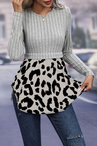 Leopard Peplum Round Neck Blouse