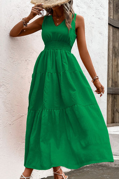 V-Neck Smocked Waist Sleeveless Tiered Dress