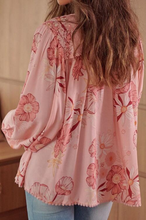 Floral Smocked Tassel Tie Balloon Sleeve Blouse