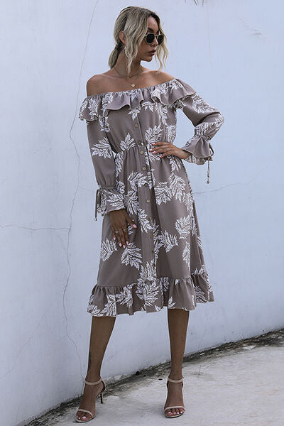 Ruffled Printed Off-Shoulder Midi Dress