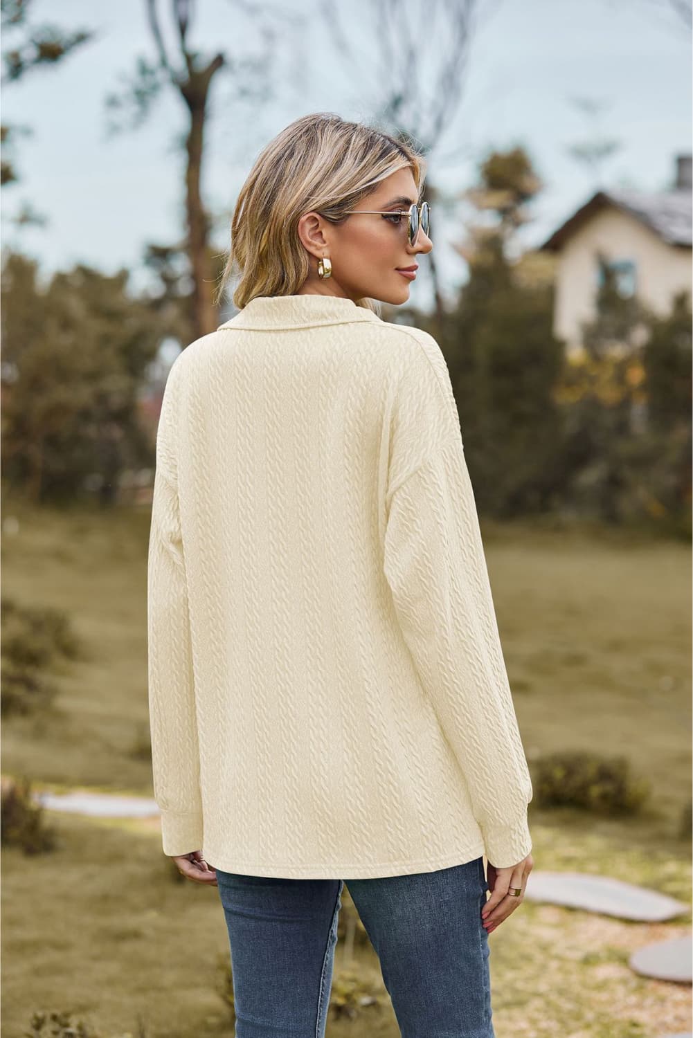 Collared Neck Cable-Knit Long Sleeve Blouse