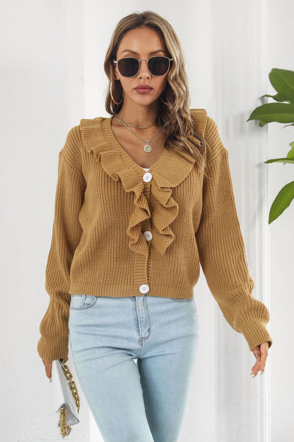 Ruffle Trim Button-Down Dropped Shoulder Sweater