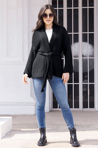 Tied Open Front Long Sleeve Cardigan