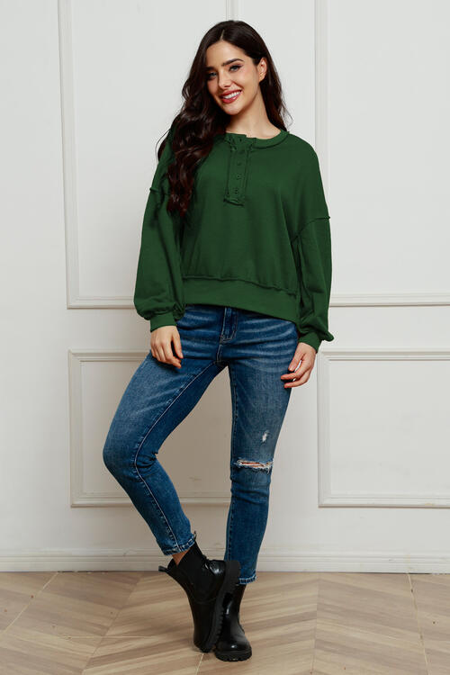 Exposed Seam Half Button Long Sleeve Sweatshirt