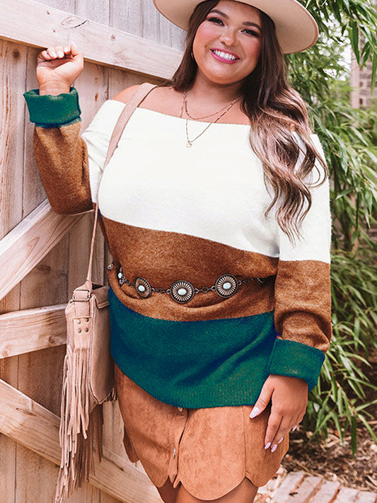 Plus Size Color Block Long Sleeve Sweater