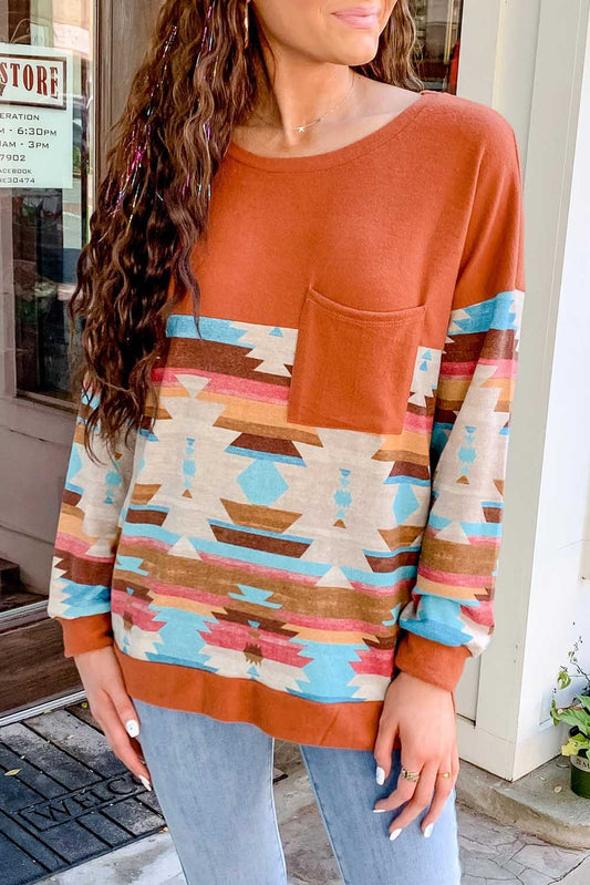 Geometric Round Neck Long Sleeve T-Shirt