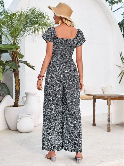 Smocked Printed Short Sleeve Jumpsuit