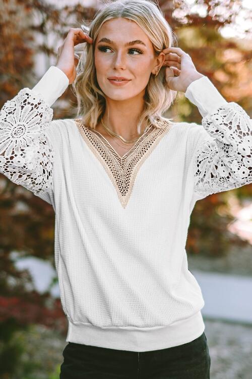 V-Neck Crochet Long Sleeve Blouse