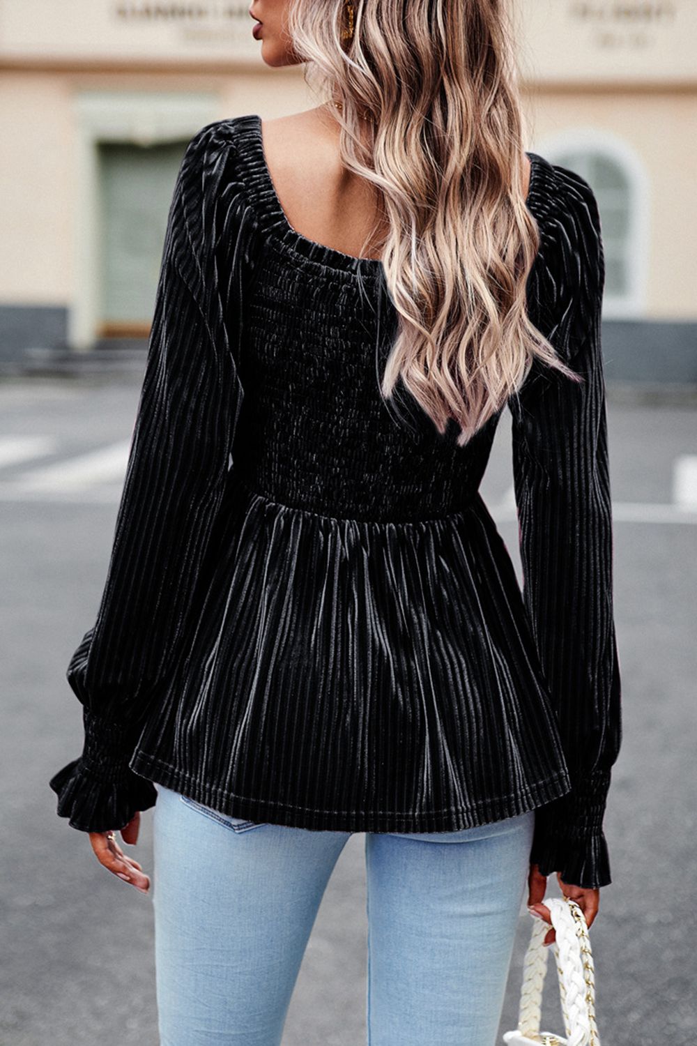 Smocked Square Neck Long Sleeve Blouse