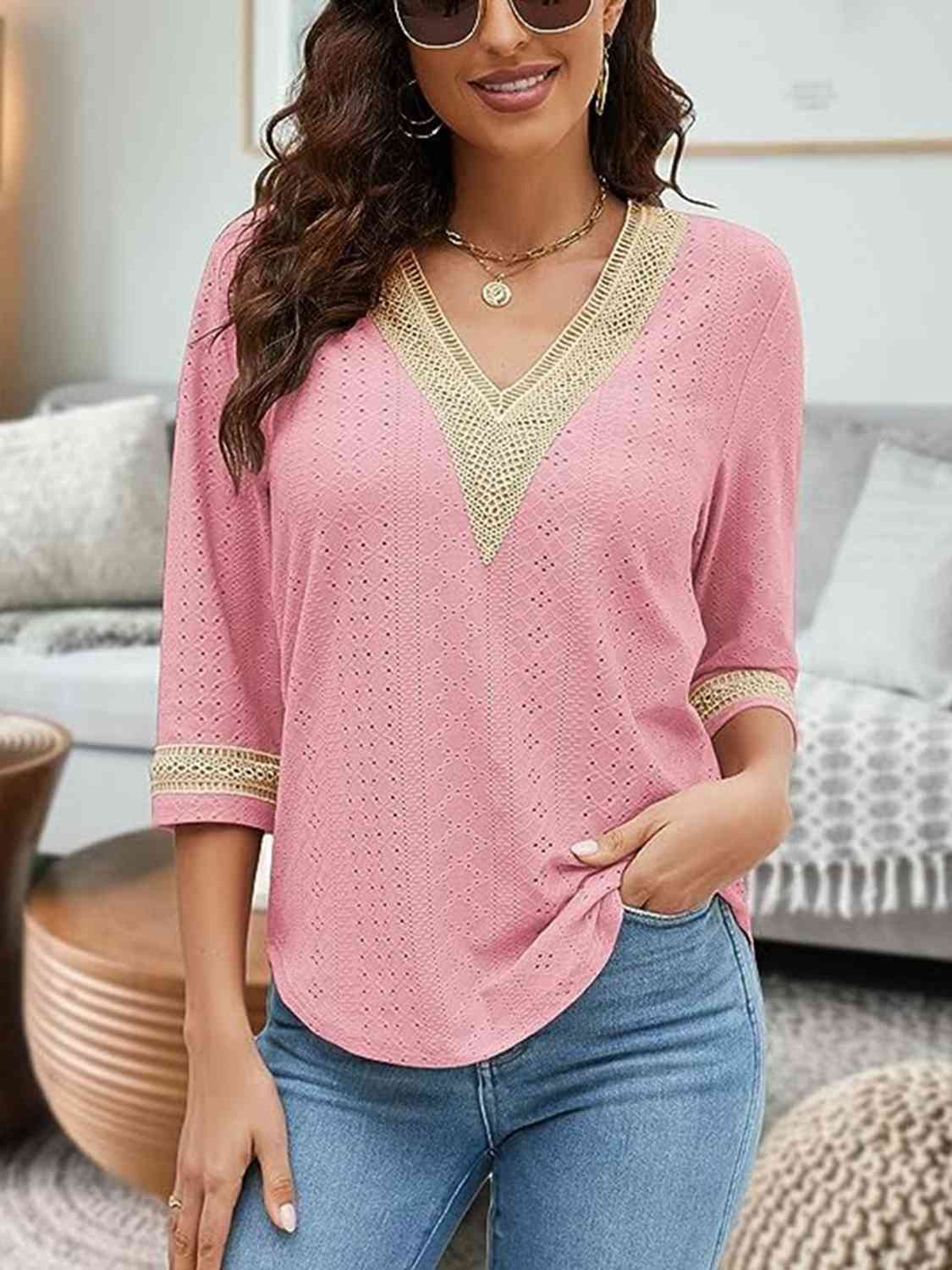 V-Neck Eyelet Blouse