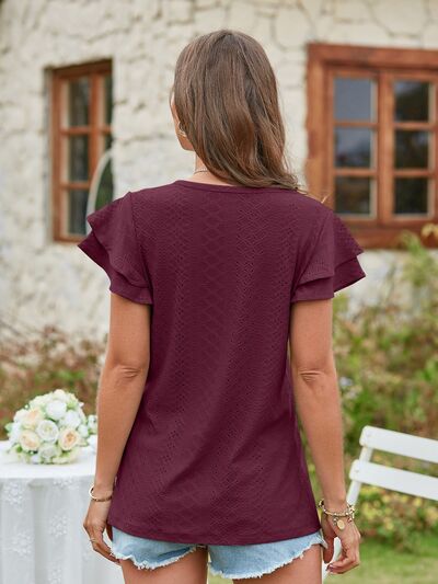 Eyelet V-Neck Short Sleeve Blouse