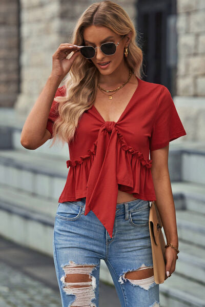 Frill Ruched V-Neck Short Sleeve T-Shirt