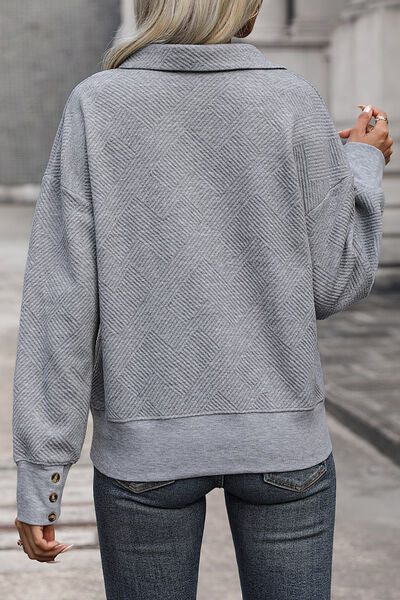 Textured Dropped Shoulder Johnny Collar Sweatshirt