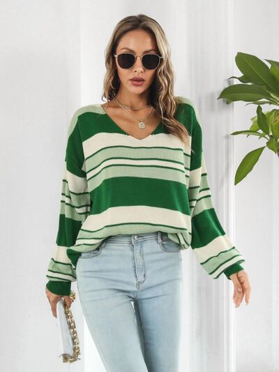 Striped V-Neck Dropped Shoulder Sweater