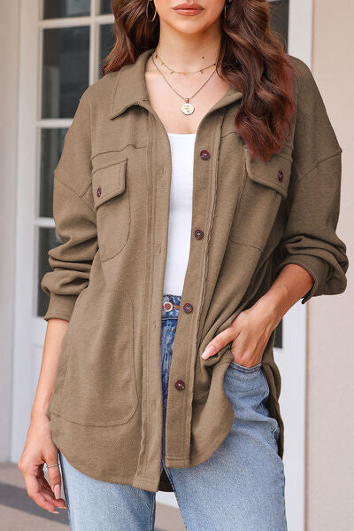 Button Up Pocketed Dropped Shoulder Jacket