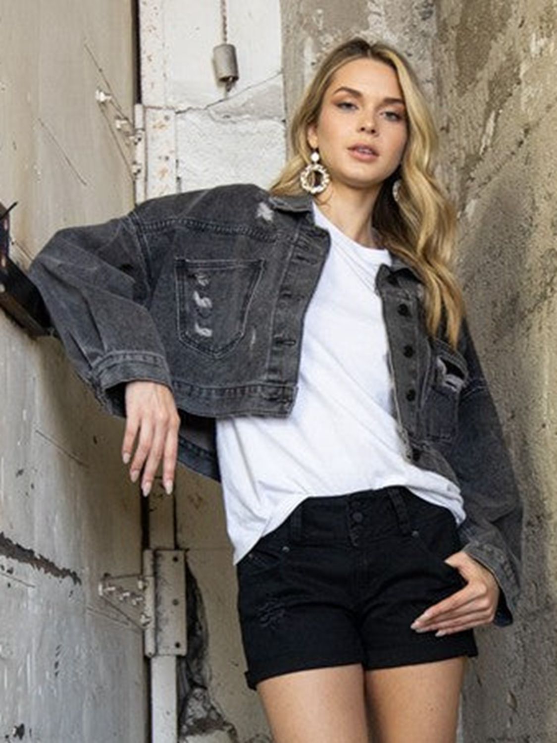 Cropped Collared Neck Dropped Shoulder Denim Jacket