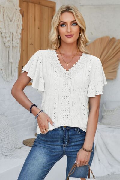 Eyelet Applique V-Neck Cap Sleeve T-Shirt