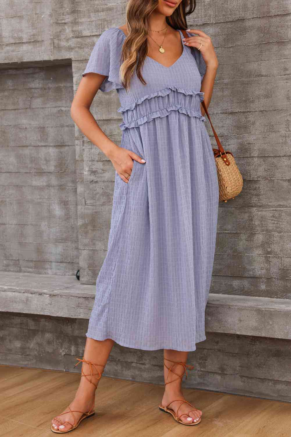 Frill Trim Short Sleeve Dress with Pockets