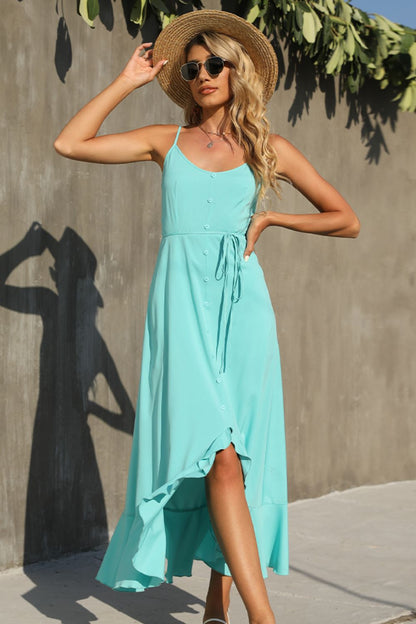 Decorative Button Spaghetti Strap Ruffle Hem Dress