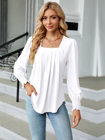 Ruched Square Neck Lantern Sleeve Blouse