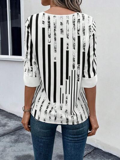 Striped Notched Half Sleeve Blouse