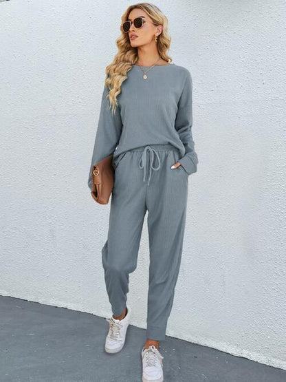 Round Neck Top and Drawstring Pants Set