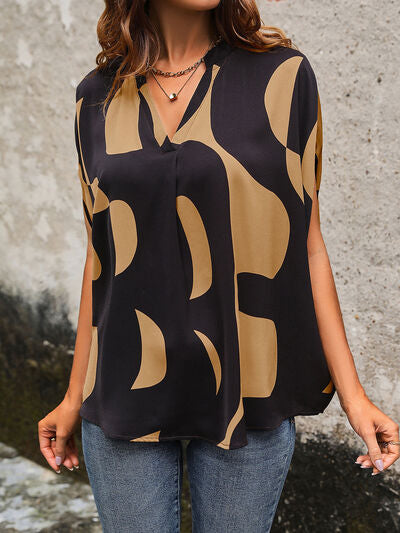 Printed Notched Slit Half Sleeve Blouse