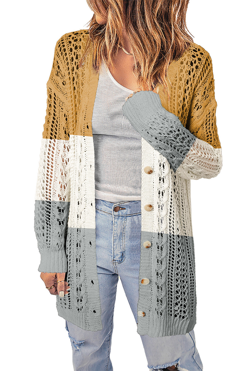 Openwork Ribbed Cuff Longline Cardigan