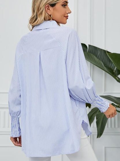 Striped Button Up Smocked Long Sleeve Shirt