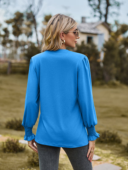 Notched Neck Flounce Sleeve Blouse