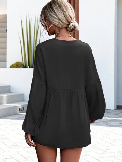 V-Neck Buttoned Balloon Sleeve Blouse