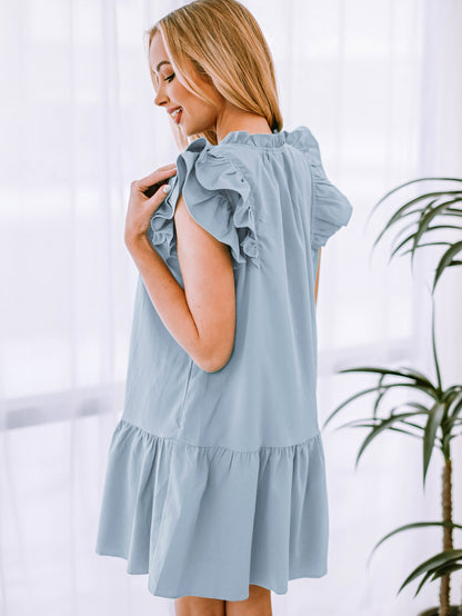 Ruffle Shoulder Tie-Neck Tiered Dress