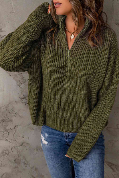 Woven Right Half Zip Rib-Knit Dropped Shoulder Sweater