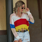 Color Block Frayed Hem Long Sleeve Sweater