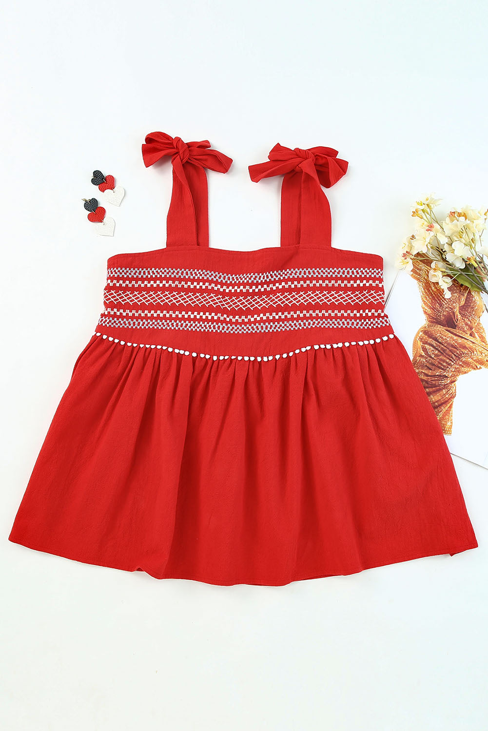 Embroidered Tie-Shoulder Babydoll Tank