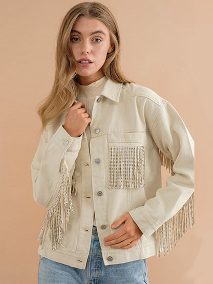 Fringe Detail Dropped Shoulder Denim Jacket