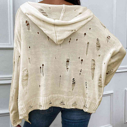 Distressed Slit Drop Shoulder Hooded Sweater