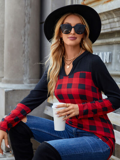 Plaid Notched Long Sleeve T-Shirt